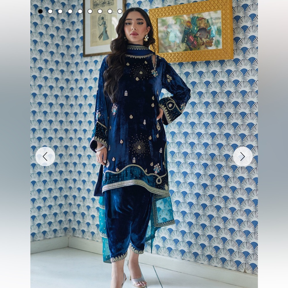 Farah Talib Aziz Blue Velvet Embellished 3 piece Pakistani/Indian Outfit